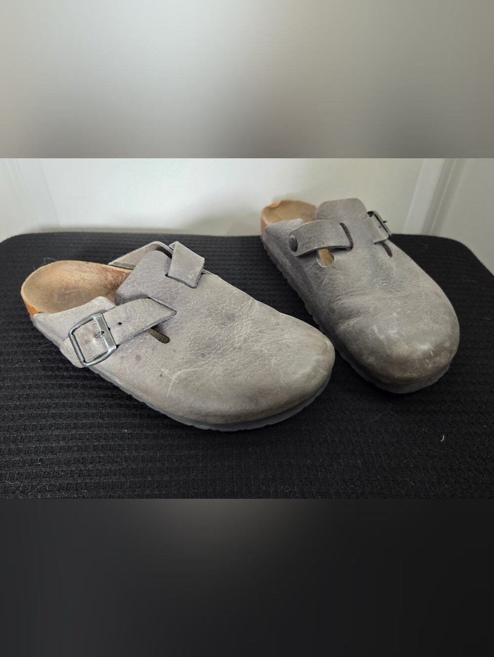 Gray Suede Slip-On Clogs with Buckle